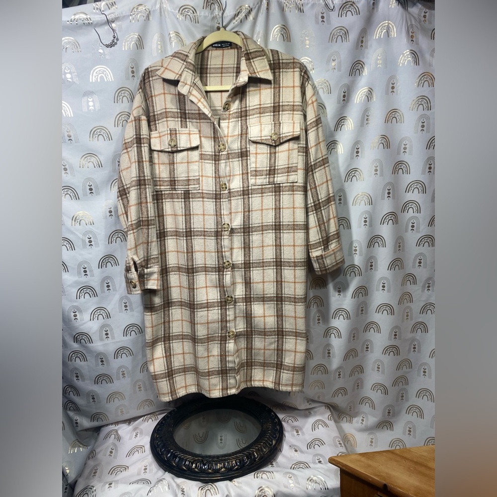 SHEIN Beige and Orange Plaid Shirt Dress